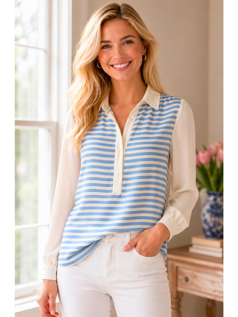 J. Crew Women Light Blue White Stripe Long Sleeve Button Blouse Shirt Sz XS